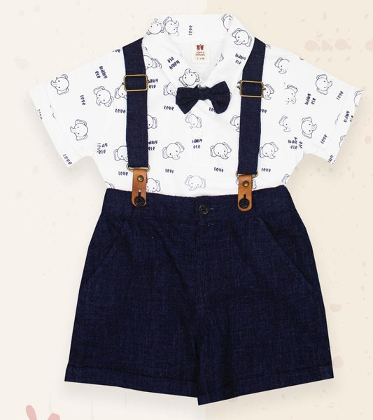ToffyHouse Cotton Dungaree with Half Sleeves T-Shirt with Teddy Applique - Navy Blue