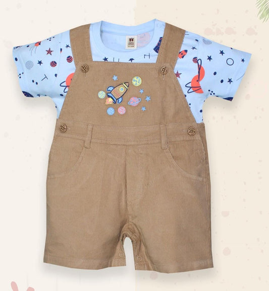 ToffyHouse 100% Cotton Knit Dungaree & Half Sleeves Inner T-Shirt with Space  Print & Embroidery - Blue & Brown