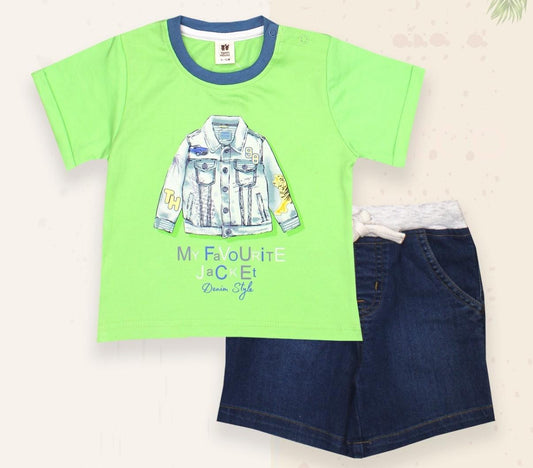 ToffyHouse 100% Cotton Knit Half Sleeves T-Shirt & Woven Denim Shorts Set With  Shirt Print - Neon Green & Indigo
