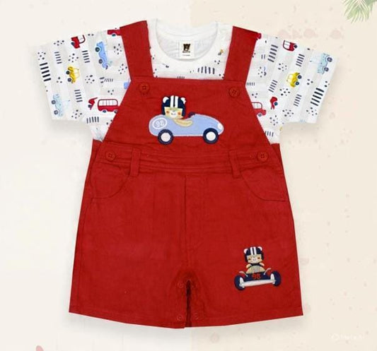ToffyHouse 100% Cotton Knit Dungaree & Half Sleeves T-Shirt with Car Print & Embroidery -Red & white