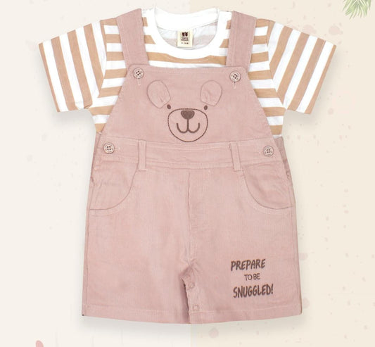 ToffyHouse Interlock Knit Half Sleeves T-Shirt & Dungaree with Teddy Patch & Print - White & Beige