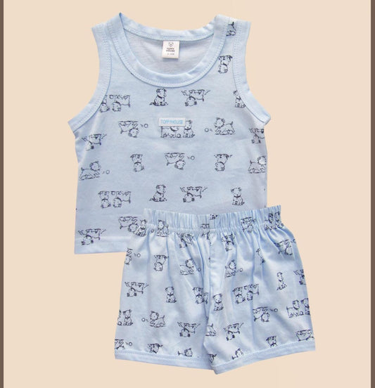 toffyhouse Sleeveless T-Shirt and Shorts with dog Print - Sky Blue
