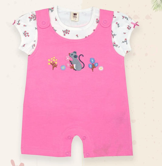 ToffyHouse Dungaree Style Romper with Half Sleeves Inner Tee Flower Print - White &  Pink