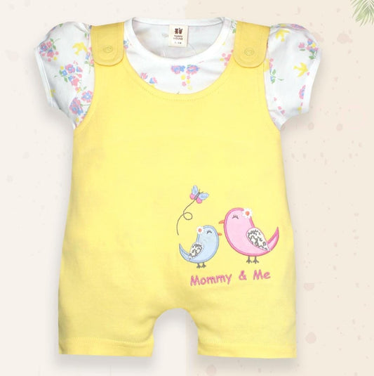 ToffyHouse Dungaree Style Romper with Half Sleeves Inner Tee Birds Print - Yellow & White