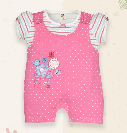 ToffyHouse Dungaree Style Romper with Half Sleeves Inner Tee Flower Print - Pink & White