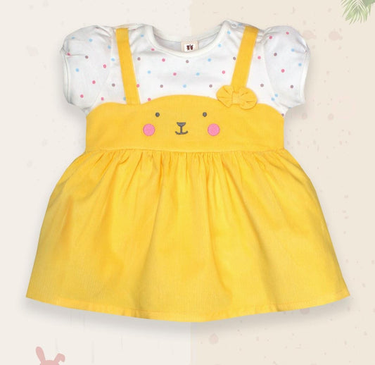ToffyHouse Cotton Woven Half Sleeves Frock with Polka Dot & Bow Applique - Pink & White