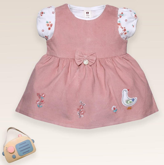 ToffyHouse Interlock Knit Frock & Half Sleeves Inner Tee With Duck Print & Embroidery - Brown& White