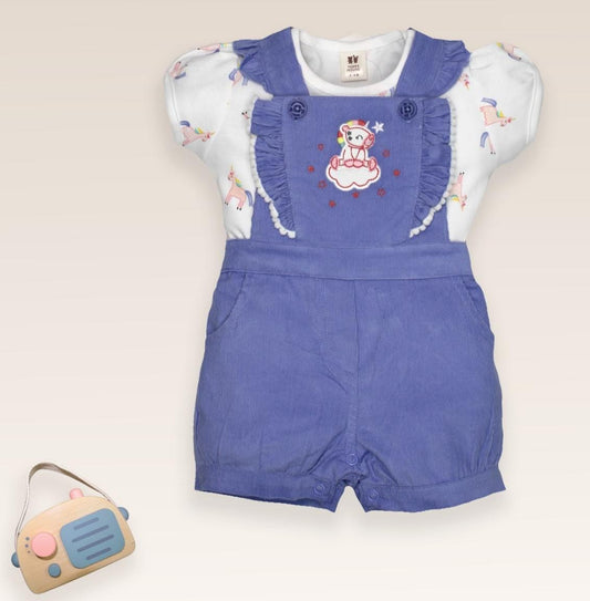 ToffyHouse Corduroy Woven Dungaree & Half Sleeves Inner Tee With Unicorn  Print & Embroidery - Lavendar