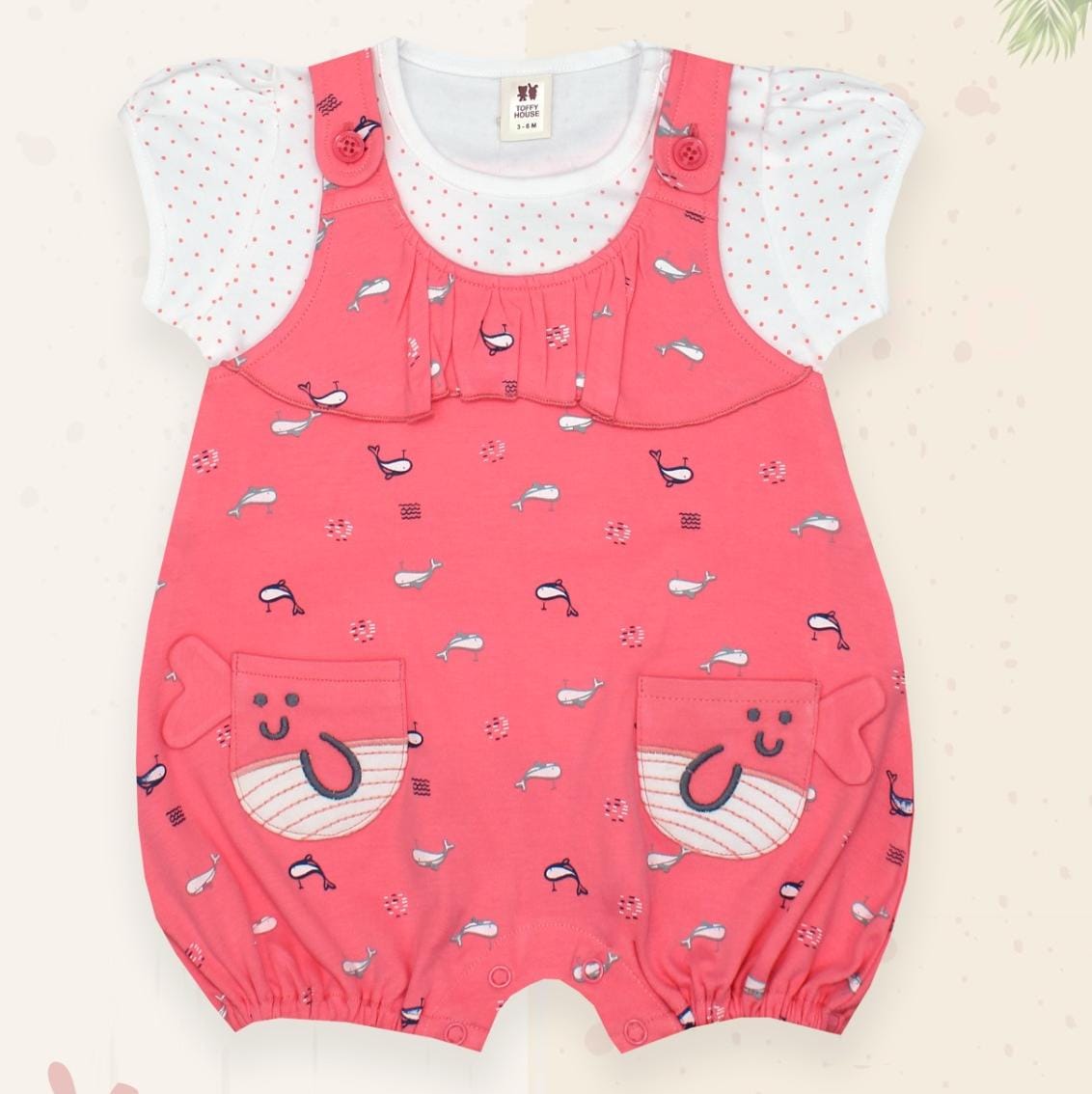 ToffyHouse Corduroy Dungaree with Half Sleeves Inner Tee Fish Print - Orange
