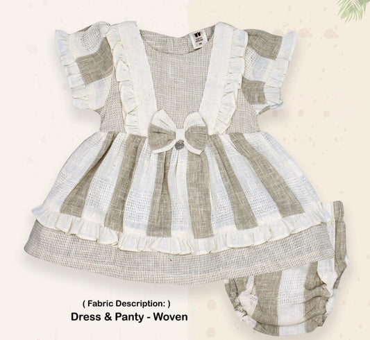ToffyHouse Cotton Woven Frill Sleeves Frock With Lace Detailing & Bloomer - Beige