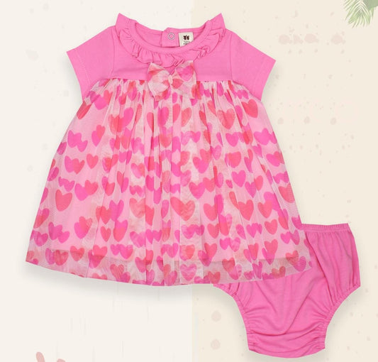 ToffyHouse Cotton Woven Half Sleeves Heart Printed Frock With Bow Applique & Bloomer - Pink