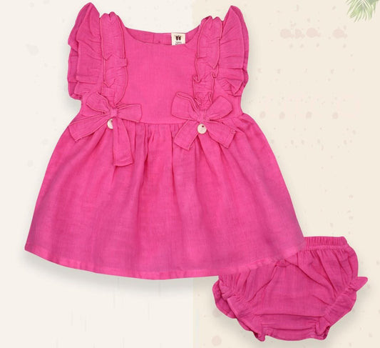 ToffyHouse Cotton Woven Frill Sleeves Frock With Lace Detailing & Bloomer - Pink