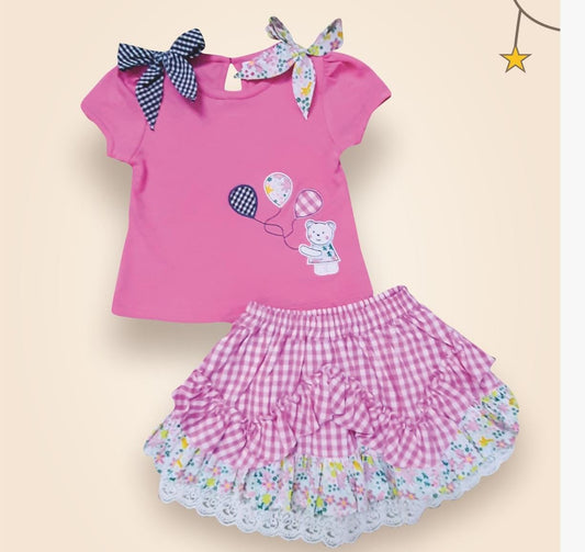 ToffyHouse Knit Half Sleeves Top & Skirt Set With Love Embroidery & Heart Print - Pink