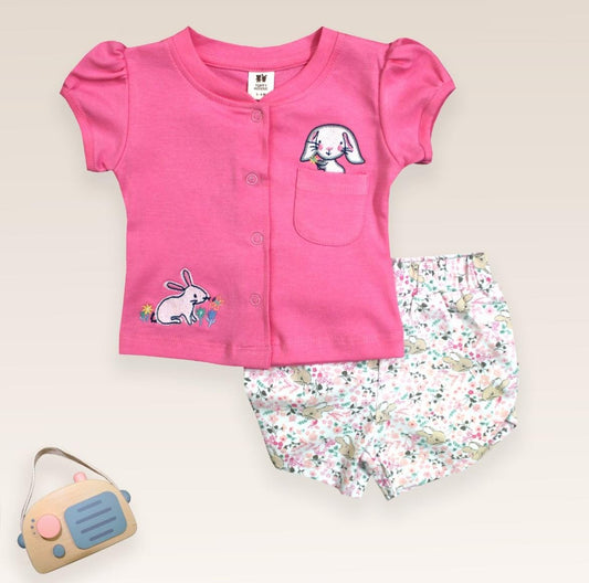 ToffyHouse knitted Half Sleeves Front Open Top & Shorts Set with Rabbit Print & Embroidery - Pink
