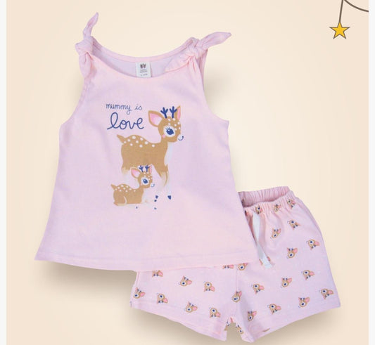 ToffyHouse knitted Sleeveless Front Open Top & Shorts Set with Deer Print & Embroidery - Orange