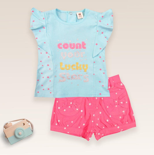 ToffyHouse Knitted Frill Sleeves Top & Shorts Set with Star Print & Sequin Detailing - Blue &Pink