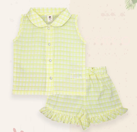 ToffyHouse Cotton Woven Sleeveless Sailor Neck Top & Shorts Co-Ord Set With Checked Print  - Yellow