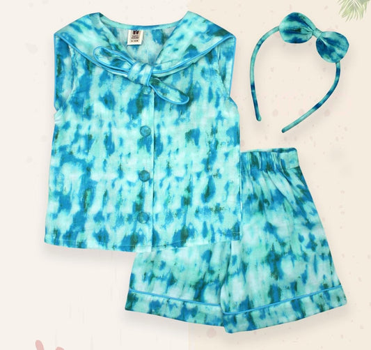 ToffyHouse Cotton Woven Sleeveless Sailor Neck Top & Shorts Co-Ord Set With Dye & Tye Print & Headband - White
