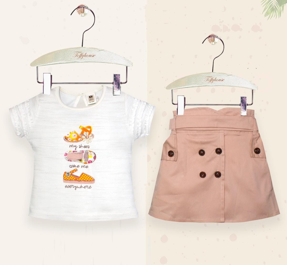 ToffyHouse  Half Sleeves Tops And Denim Skirts Shoe Print - White & Peach