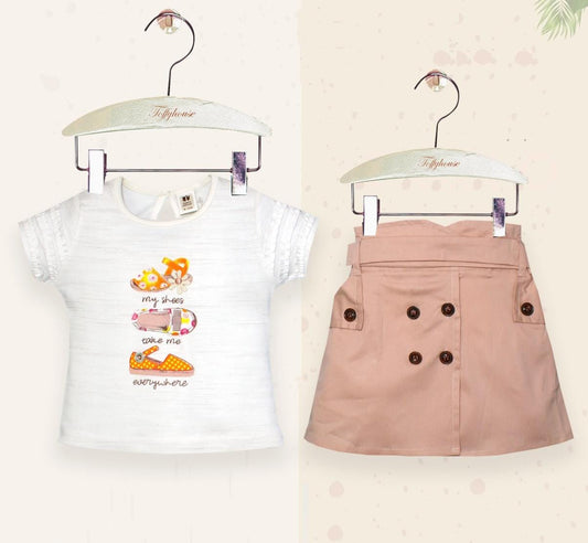 ToffyHouse  Half Sleeves Tops And Denim Skirts Shoe Print - White & Peach