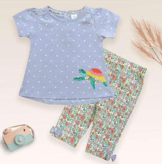 ToffyHouse Cap Sleeves Top & Legging Set with Turtle Embroidery & Floral Print - Blue & White
