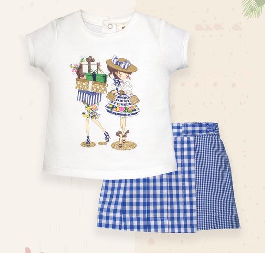 ToffyHouse Knitted Woven Half Sleeves Tops & Skirts Set With Stripes Floral Print  - White & Blue