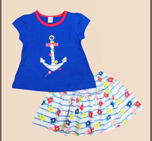 offyHouse Knitted Woven Half Sleeves Tops & Skirts Set With Stripes Floral Print & Frill Detailing - Blue