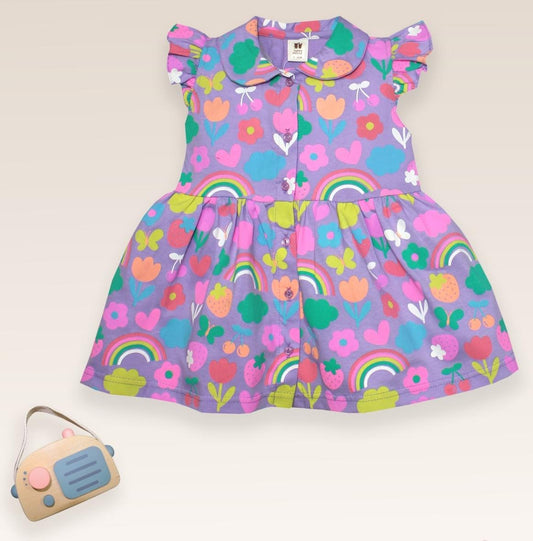 ToffyHouse 100% Woven Cotton Frill Sleeves Peter Pan Collared Frock With Floral  - Lavendar
