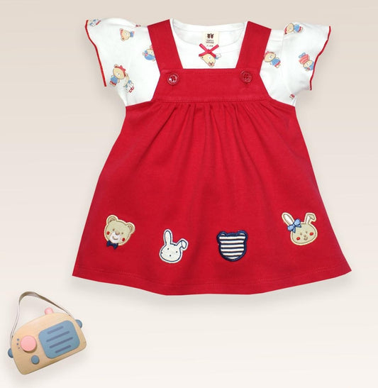 ToffyHouse Interlock Knit Frock & Half Sleeves Inner Tee With Teddy Print & Embroidery - Lavender & White