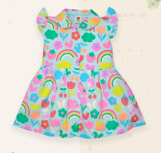 ToffyHouse 100% Supercombed Cotton  Frill Sleeves Peter Pan Collar Neck Frock Floral Print - Blue