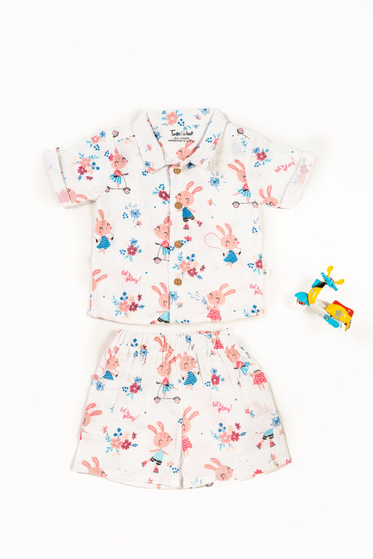 Muslin Cuban Collar Half-Sleeve Co-Ords Set Play Bunny