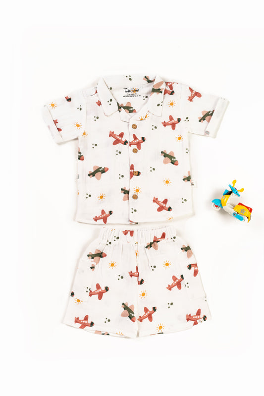 Muslin Cuban Collar Half-Sleeve Co-Ords Set Helicopter