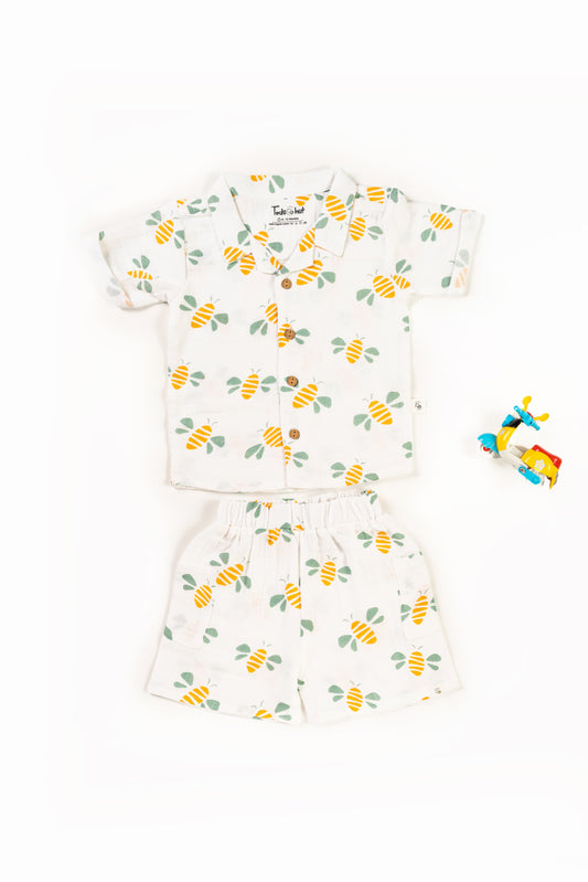 Muslin Cuban Collar Half-Sleeve Co-Ords Set Buzzing Bee