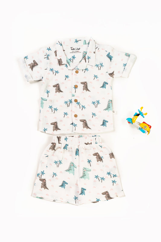 Muslin Cuban Collar Half-Sleeve Co-Ords Set Alligator