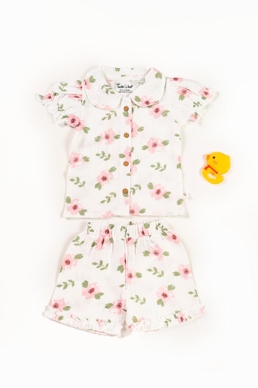 Muslin Peter Pan Collar Half-Sleeve Co-Ords Set Dewy Rose