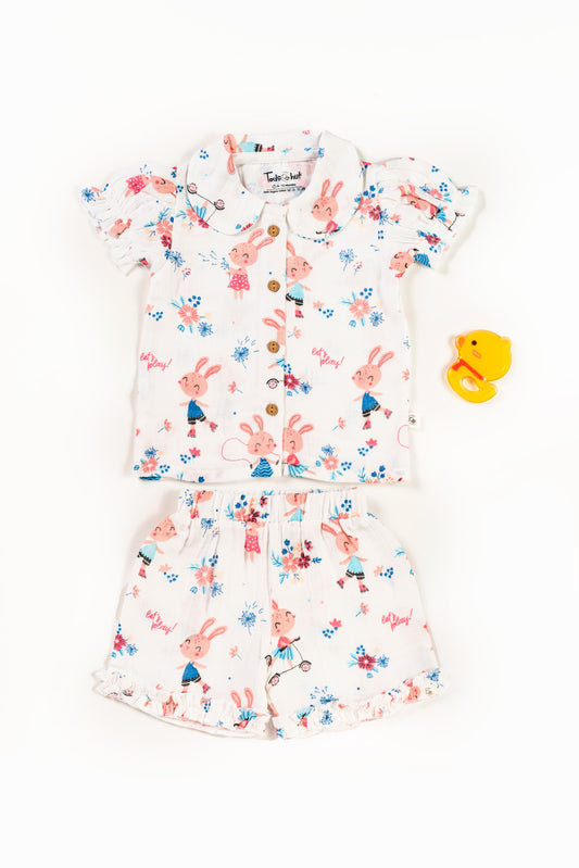 Muslin Peter Pan Collar Half-Sleeve Co Ords Set Play Bunny