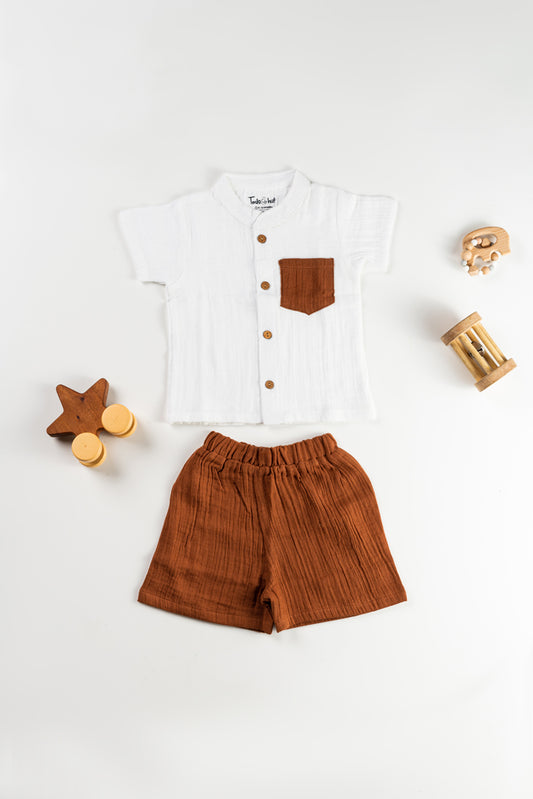 Muslin Chinese Collar Jabla with Shorts KH White with Cambridge Brown