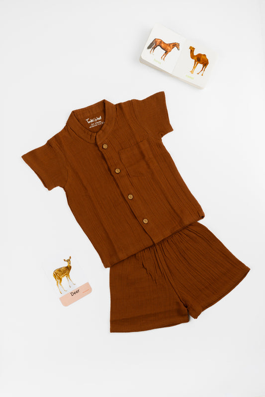 Muslin Chinese Collar Jabla with Shorts KH Cambridge Brown